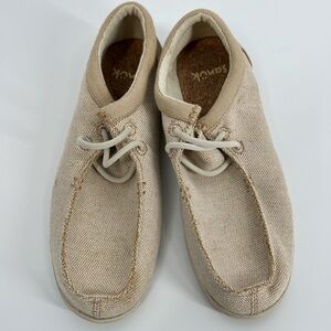 Sanuk canvas tan slip ons size 7.5